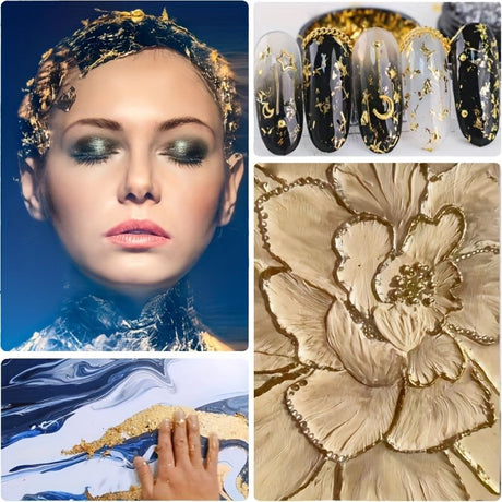 100PCS 24K pure gold leaf art pieces, can be used for painting, resin, gold plating, nail, gold leaf paper for DIY greeting cards, handicrafts, rock painting.