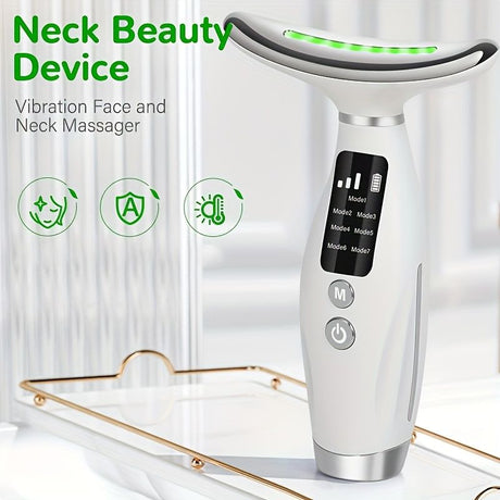 Rechargeable facial and neck skincare device, 7 modes, USB charging, vibration heating massage, ergonomic design, suitable for home use - ideal gift for women, daily skincare assistant, digital display function, skincare tool, must-have for beauty enthusi