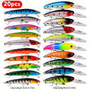 Proberos 20-piece fishing tackle set | hard bait set, suitable for striped bass and bass | scoop hook lure, minnow lure, jumper, pencil-shaped swim bait, fish hook, sea bass lure