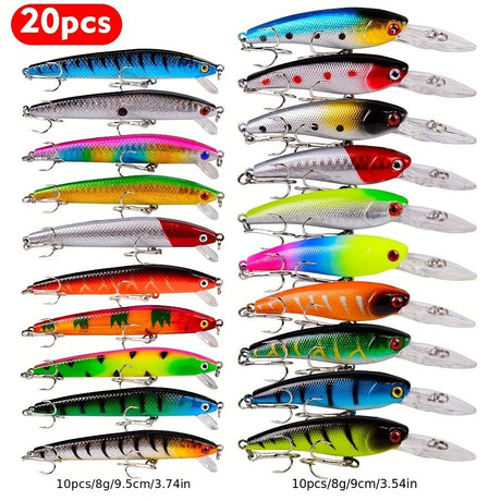 Proberos 20-piece fishing tackle set | hard bait set, suitable for striped bass and bass | scoop hook lure, minnow lure, jumper, pencil-shaped swim bait, fish hook, sea bass lure