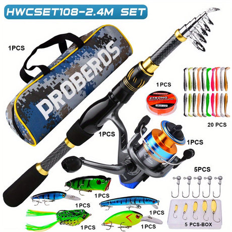 Proberus fishing rod reel set, including spinning reel, 2.4-meter fishing rod, fishing line, artificial bait, lead weight hook, complete set with storage bag