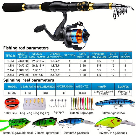 Proberus fishing rod reel set, including spinning reel, 2.4-meter fishing rod, fishing line, artificial bait, lead weight hook, complete set with storage bag
