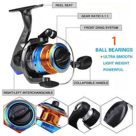 Proberus fishing rod reel set, including spinning reel, 2.4-meter fishing rod, fishing line, artificial bait, lead weight hook, complete set with storage bag