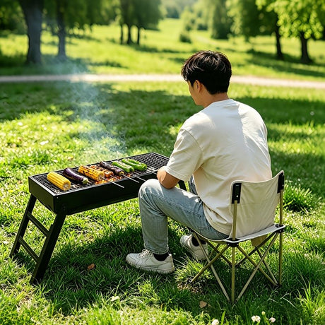 Portable foldable barbecue grill with adjustable height and built-in side rack - heavy-duty metal outdoor barbecue grill, suitable for backyard, camping, picnic - compact storage design with external barbecue cover, durable paint surface, suitable for out