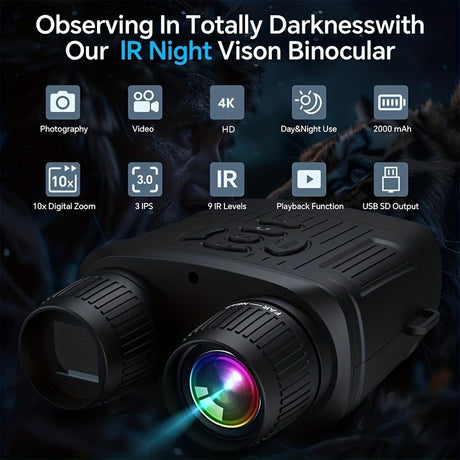 36 megapixel 4K night vision binoculars with infrared function, 7.62 cm high-definition screen, 10x magnification, infrared digital night vision camera can achieve 100% observation in complete darkness, suitable for hunting, farm monitoring, wildlife obse