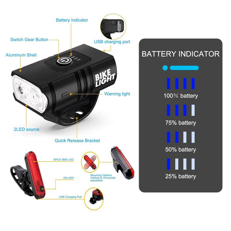 1 pack of bicycle lights | front and rear lights, 4 modes, USB charging, super bright LED night riding lights, handlebar mount, not waterproof, suitable for road/mountain bikes