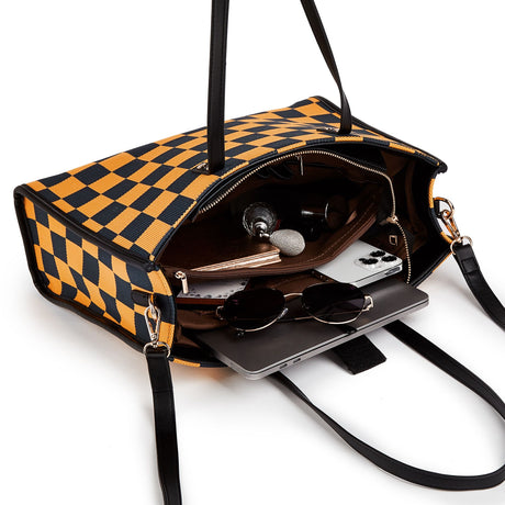 Yellow and black checkered tote bag | Go shopping/to work/on a trip, wear it in different styles