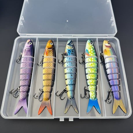 QQNAL5PCS Lure Beginner Set - 7-section sink bait suitable for both fresh and saltwater, stylish swimming style, long-distance casting without breaking the line, comes with a waterproof box, catch all species of bass, trout, and pike in one net.