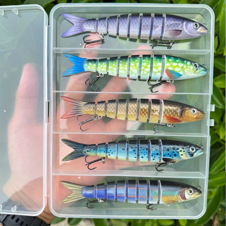 QQNAL5PCS Lure Beginner Set - 7-section sink bait suitable for both fresh and saltwater, stylish swimming style, long-distance casting without breaking the line, comes with a waterproof box, catch all species of bass, trout, and pike in one net.