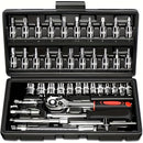 Basic automotive repair manual tool set, including a set of mechanical tools, including ratchet handle, extension pole, universal joint, slider, SAE and metric sockets, hex wrench, and plastic toolbox, excluding batteries. Uncharged manual tool set