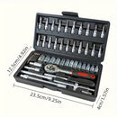Basic automotive repair manual tool set, including a set of mechanical tools, including ratchet handle, extension pole, universal joint, slider, SAE and metric sockets, hex wrench, and plastic toolbox, excluding batteries. Uncharged manual tool set