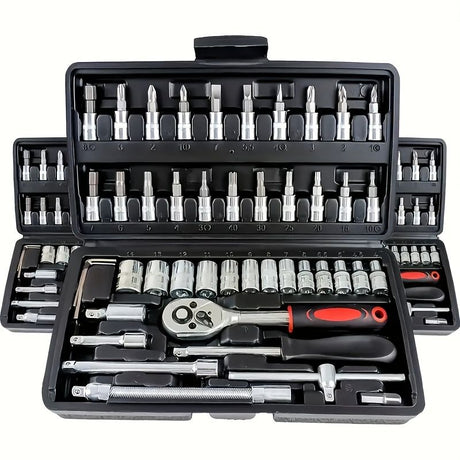 Basic automotive repair manual tool set, including a set of mechanical tools, including ratchet handle, extension pole, universal joint, slider, SAE and metric sockets, hex wrench, and plastic toolbox, excluding batteries. Uncharged manual tool set