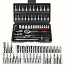 Basic automotive repair manual tool set, including a set of mechanical tools, including ratchet handle, extension pole, universal joint, slider, SAE and metric sockets, hex wrench, and plastic toolbox, excluding batteries. Uncharged manual tool set
