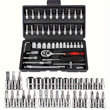 Basic automotive repair manual tool set, including a set of mechanical tools, including ratchet handle, extension pole, universal joint, slider, SAE and metric sockets, hex wrench, and plastic toolbox, excluding batteries. Uncharged manual tool set