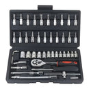Basic automotive repair manual tool set, including a set of mechanical tools, including ratchet handle, extension pole, universal joint, slider, SAE and metric sockets, hex wrench, and plastic toolbox, excluding batteries. Uncharged manual tool set
