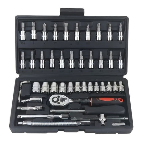 Basic automotive repair manual tool set, including a set of mechanical tools, including ratchet handle, extension pole, universal joint, slider, SAE and metric sockets, hex wrench, and plastic toolbox, excluding batteries. Uncharged manual tool set