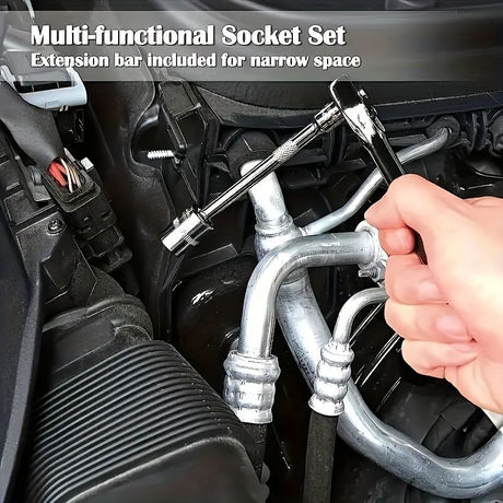 Basic automotive repair manual tool set, including a set of mechanical tools, including ratchet handle, extension pole, universal joint, slider, SAE and metric sockets, hex wrench, and plastic toolbox, excluding batteries. Uncharged manual tool set