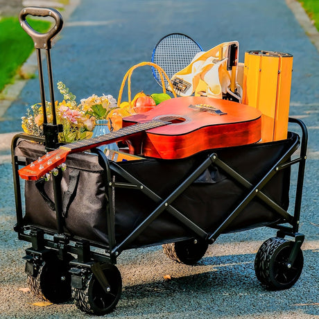 250KG Load Capacity 300L Large Capacity Heavy Duty Foldable Beach Car - All-Terrain Foldable Multi-Functional Handcart with Large Wheels, Side Pockets and Brakes - Durable Oxford Fabric and Stainless Steel Structure, Suitable for Camping, Garden, Sports a