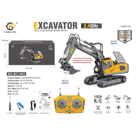 2.4G Remote Control Excavator Alloy Excavator Model Engineering Car Remote Control Car Boy Girl Unlimited Rotation - Larger 1/18 Scale Remote Control Excavator