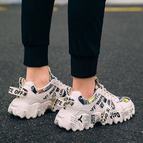 Women's Fashionable Graphic-Print Chunky Sneakers - Beige - Size 9(AU9/EU40)