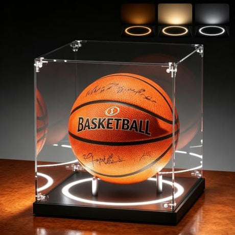 Inner dimensions :15x15x20cm Display Case with Light UV Protected Stand Box Full Size Solid Wood Base for Balls Fans Sports Collectibles Applicable to Standard Ball Memorabilia Gifts - Clear