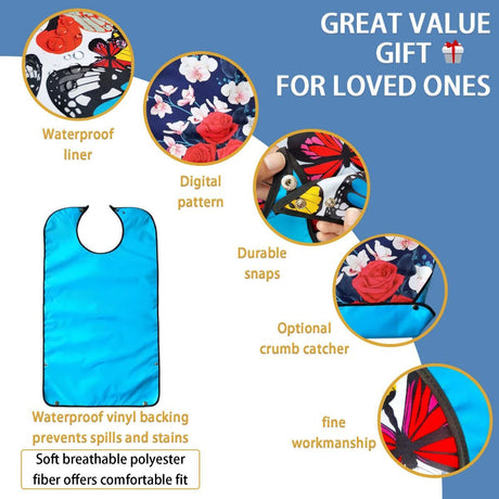 3 Pack Adult Bibs for Women, Reusable Adult Bibs for Eating with Optional Crumb Catcher, Waterproof Washable Dining Clothing Protector, Gifts for Women/Mom