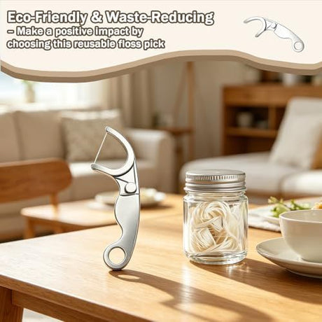 5Pcs Reusable Stainless Steel Floss Pick Set, Metal Dental Flosser & Refillable Floss Holder, Minimalist Portable Permanent Teeth Cleaner with Travel Case, Oral Care Gift for Men, Women - Silver - Size 5Pcs