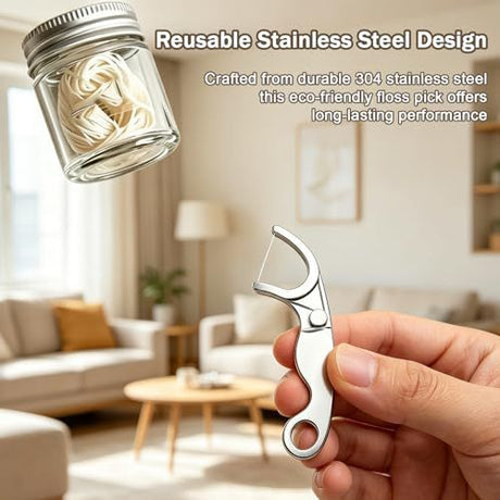 5Pcs Reusable Stainless Steel Floss Pick Set, Metal Dental Flosser & Refillable Floss Holder, Minimalist Portable Permanent Teeth Cleaner with Travel Case, Oral Care Gift for Men, Women - Silver - Size 5Pcs