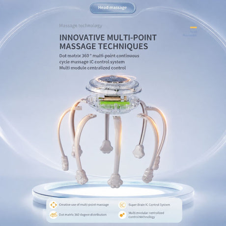 Smart Octopus Head Massager – 9 Modes, 360° Coverage, Wireless & Portable for Deep Relaxation - White
