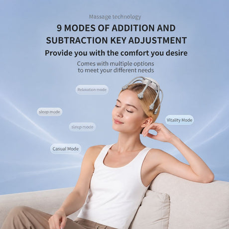 Smart Octopus Head Massager – 9 Modes, 360° Coverage, Wireless & Portable for Deep Relaxation - White