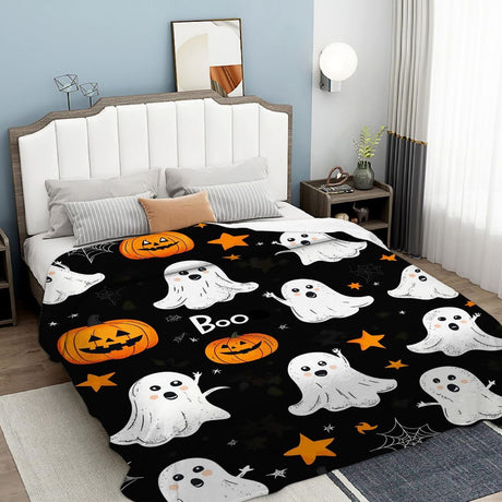 Halloween Throw Blanket Cozy Microfiber Blanket Soft Flannel Throw Festive Home Pumpkin - White-Yellow - Size 180cm*200cm