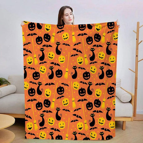 Halloween Throw Blanket Cozy Microfiber Blanket Soft Flannel Throw Festive Home Pumpkin Cat and bat - Orange - Size 100cm*130cm