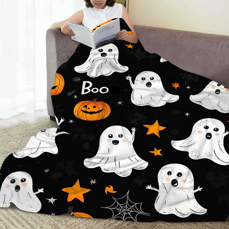 Halloween Throw Blanket Cozy Microfiber Blanket Soft Flannel Throw Festive Home Pumpkin Leaves - White - Size 100cm*130cm