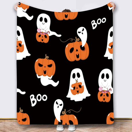 Halloween Throw Blanket Cozy Microfiber Blanket Soft Flannel Throw Festive Home Pumpkin GhostA - Black1 - Size 150cm*200cm