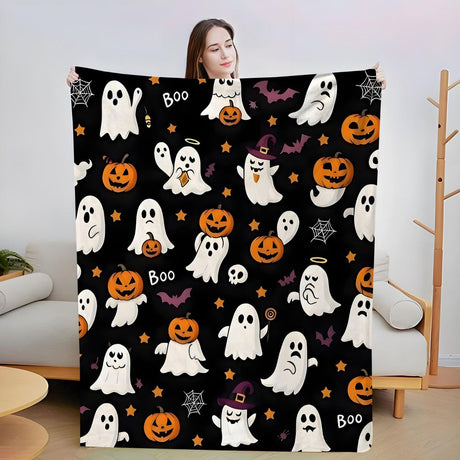 Halloween Throw Blanket Cozy Microfiber Blanket Soft Flannel Throw Festive Home Pumpkin Ghost - Black - Size 100cm*130cm
