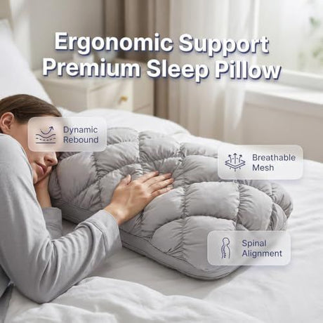 Mellow Sleep Pillow Puff, Pineapple Bun Fluffy Quilted Bed Pillow for Hot Sleepers, Cooling Marshmallow-Soft Sleeping Cushion, Comfy College Dorm Essentials and Cute Room Decor - Gray - Size 74cm*48cm