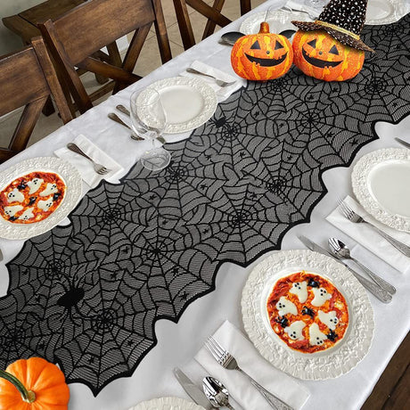 Halloween Table Runner, Black Lace Spider Web Table Runners for Halloween Decor/Party Dinner Table Decoration 18 x 72Inch