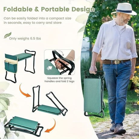 Folding Garden Kneeler and Seat with Pockets-Green