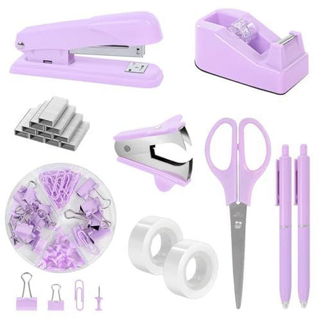 Desk Accessories, Stapler and Tape Dispenser Set,10PCS Office Supplies Set, Stapler, Tape Dispenser, Scissors, Binder/Paper Clips and 500pcs Staples - Pink - Size 10Pcs