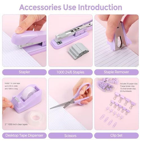Desk Accessories, Stapler and Tape Dispenser Set,10PCS Office Supplies Set, Stapler, Tape Dispenser, Scissors, Binder/Paper Clips and 500pcs Staples - Pink - Size 10Pcs