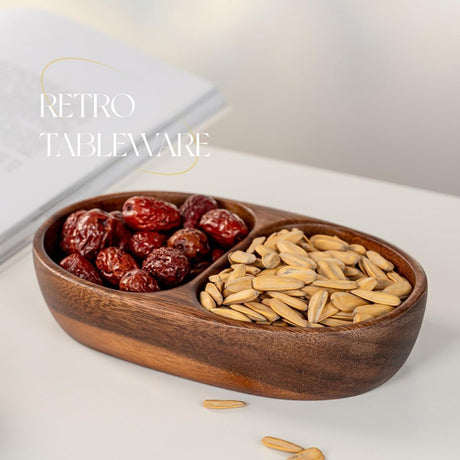 Walnut Wood Bowl,  Wooden Salad Bowl for Fruit, Snacks and Appetizers, Serving Dish for Home Decor, Solid Wood Bowl, Centerpiece - Walnut - Size Double compartment