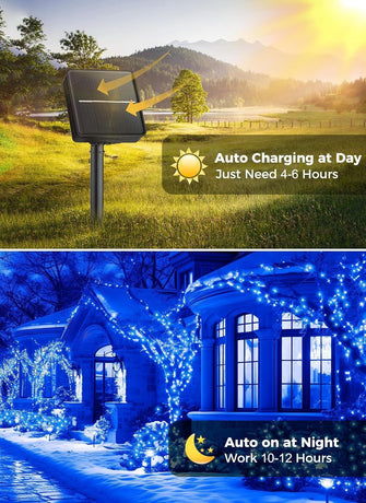 Solar String Lights Outdoor Waterproof, LED Outdoor Light | Solar Fairy Lights with 8 Lighting Modes, IP65 Waterproof Solar Christmas Halloween Lights for Outdoor Outside Tree Patio - Blue - Size 105ft 300-LED String Light