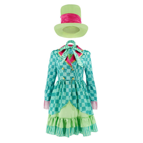 Hatter Costume Women Mad Tea Party Halloween Cosplay Dress with Bowtie Top Hat Leggings Mardi Gras Parade Outfits - Green - Size M