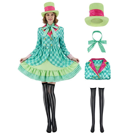 Hatter Costume Women Mad Tea Party Halloween Cosplay Dress with Bowtie Top Hat Leggings Mardi Gras Parade Outfits - Green - Size XXL