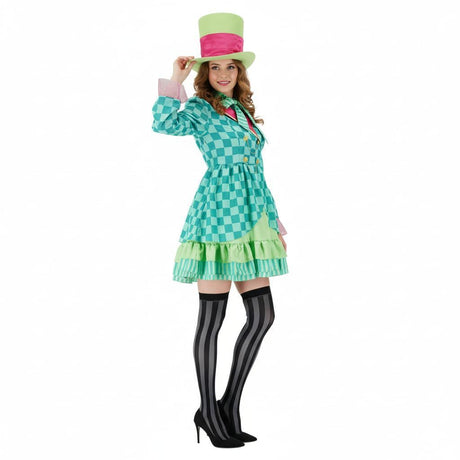 Hatter Costume Women Mad Tea Party Halloween Cosplay Dress with Bowtie Top Hat Leggings Mardi Gras Parade Outfits - Green - Size XXL