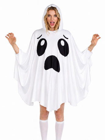 Adult Ghost Costume for Women – White Hooded Ghost Poncho, Spooky Halloween Costume
