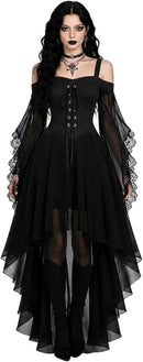 Women Witch Dress Halloween Costumes Vampire Woman Renaissance Medieval Butterfly Sleeve Mesh Gothic Dresses - Black - Size L