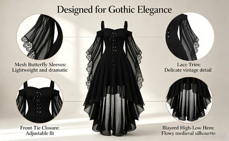 Women Witch Dress Halloween Costumes Vampire Woman Renaissance Medieval Butterfly Sleeve Mesh Gothic Dresses - Blue - Size M