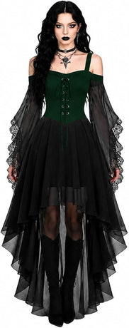 Women Witch Dress Halloween Costumes Vampire Woman Renaissance Medieval Butterfly Sleeve Mesh Gothic Dresses - Green - Size L