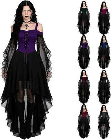 Women Witch Dress Halloween Costumes Vampire Woman Renaissance Medieval Butterfly Sleeve Mesh Gothic Dresses - Purple - Size XL